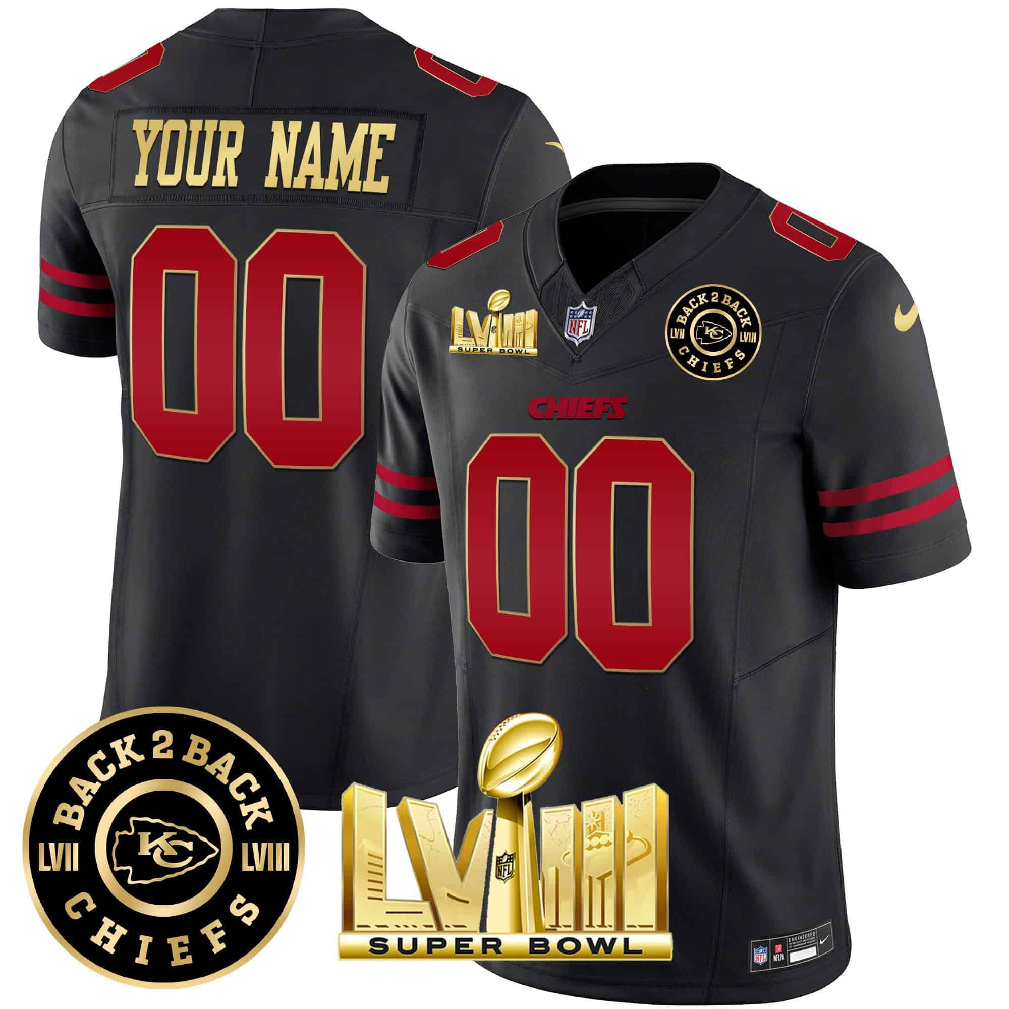 Men Kansas City Chiefs Black 2024 Nike Super Bowl LVIII & Back-2-Back Patch Vapor Custom NFL Jersey style 1